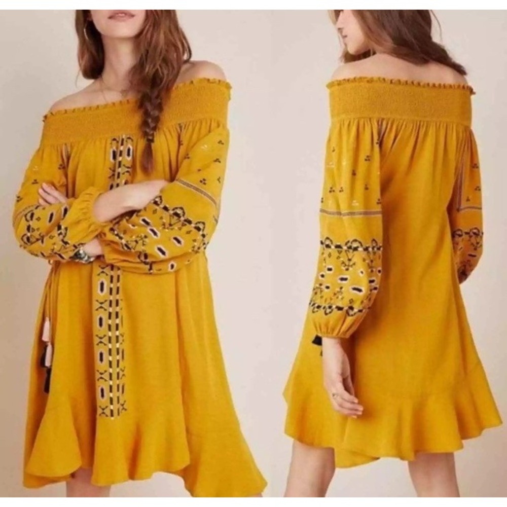 Ranna Gill Anthropologie Boho Dress Women's Size Small Yellow Embroidered